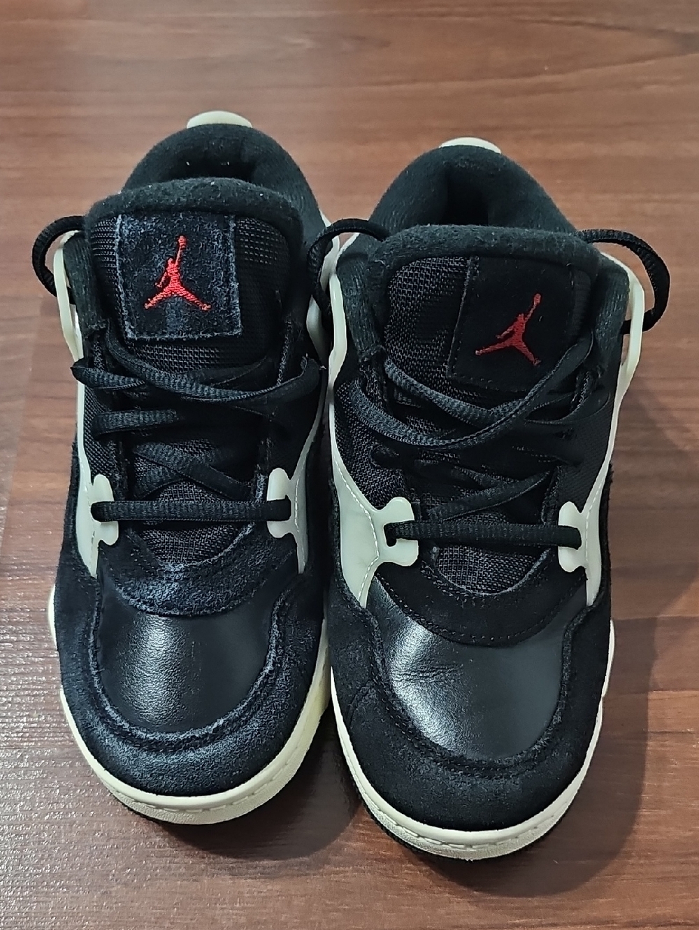 Jordan Black & Cream Kids Sneakers with Red Logo